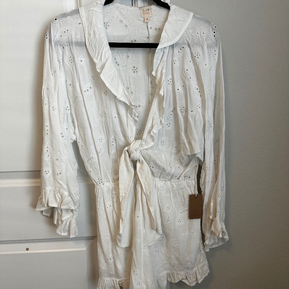 White Long Sleeve Eyelet Romper